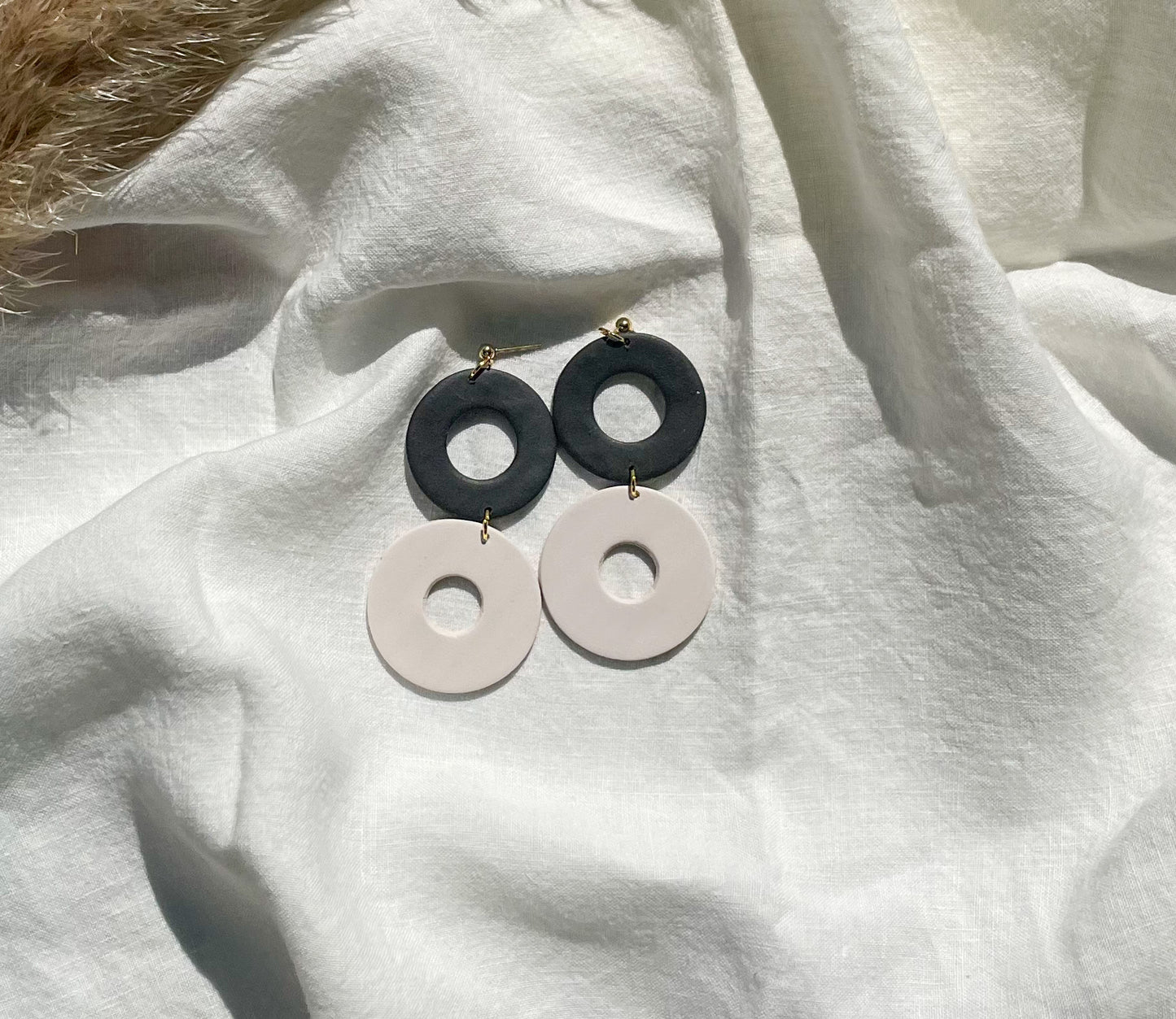 Polymer Clay Dangle Earrings, Black, White, Gold Post