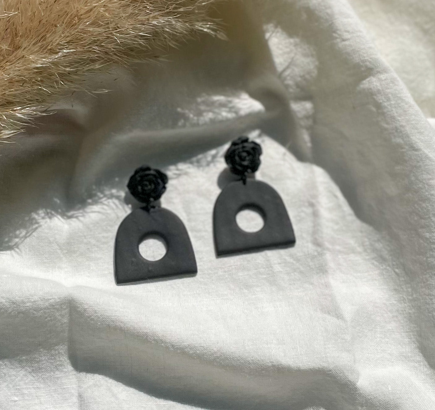 Polymer Clay Earring, Black, Dangle, Flower
