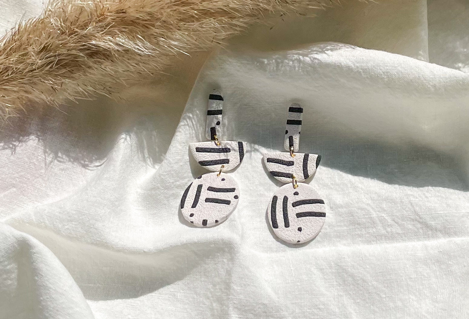 Black and White Polymer Clay Earrings, Textured, Black Lines