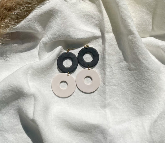 Polymer Clay Dangle Earrings, Black, White, Gold Post 