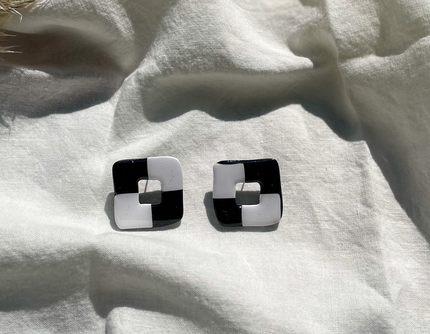 Checkered Polymer Clay Earrings - Black and White