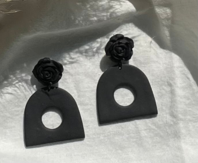 Polymer Clay Earrings, Black, Flower, Dangle